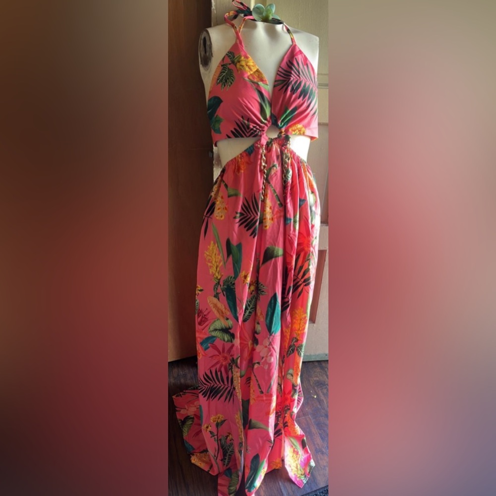 Tropical Pink Halter Maxi Dress